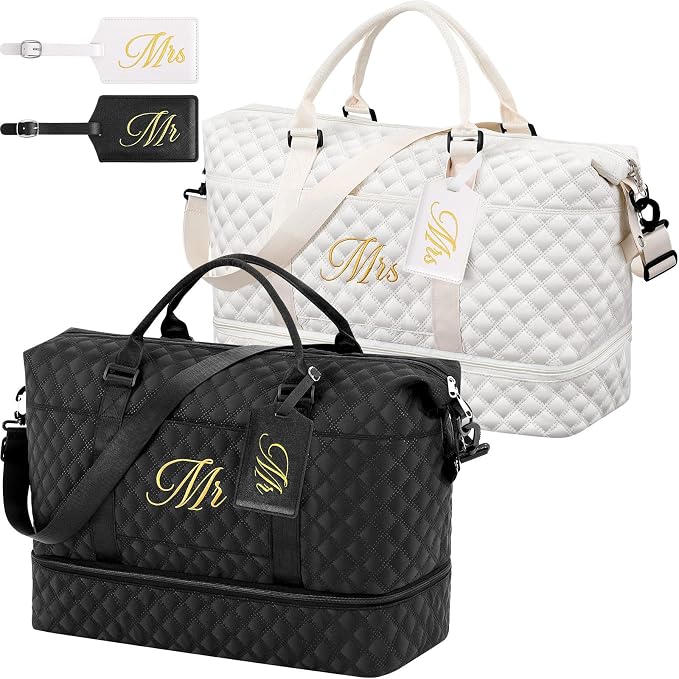 Dansydaisy 4 Pcs Duffel Bag Set Include 2 Honeymoon Travel Bags with Shoe Compartment and 2 Luggage Tags(19.7 x 9.8 x 15.7 Inches,Mr and Mrs,Black,White) by Dansydaisy