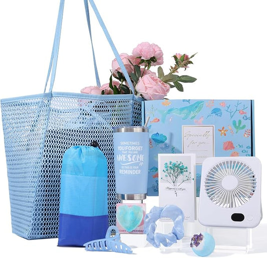 Beferr Mothers Day Beach Gifts Basket for Women, 79" X 83" Beach Blanket Waterproof Sandproof, Beach Mesh Tote Bags, Birthday Baskets for Her Wife Mom Sister Grandma Friend by Beferr