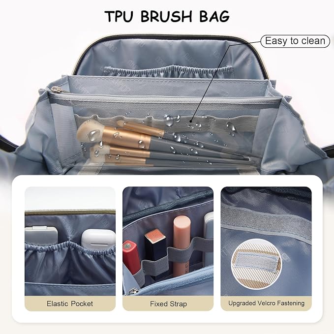 BOYATU Travel Makeup Bag Cosmetic Bag for Women: 3 Pcs Set Striped Make up Bag with Compartment - Waterproof Vegan Leather Toiletry Bag with Handle - Makeup Organizer for Travel Essential(A-6-Apricot) - Image 4