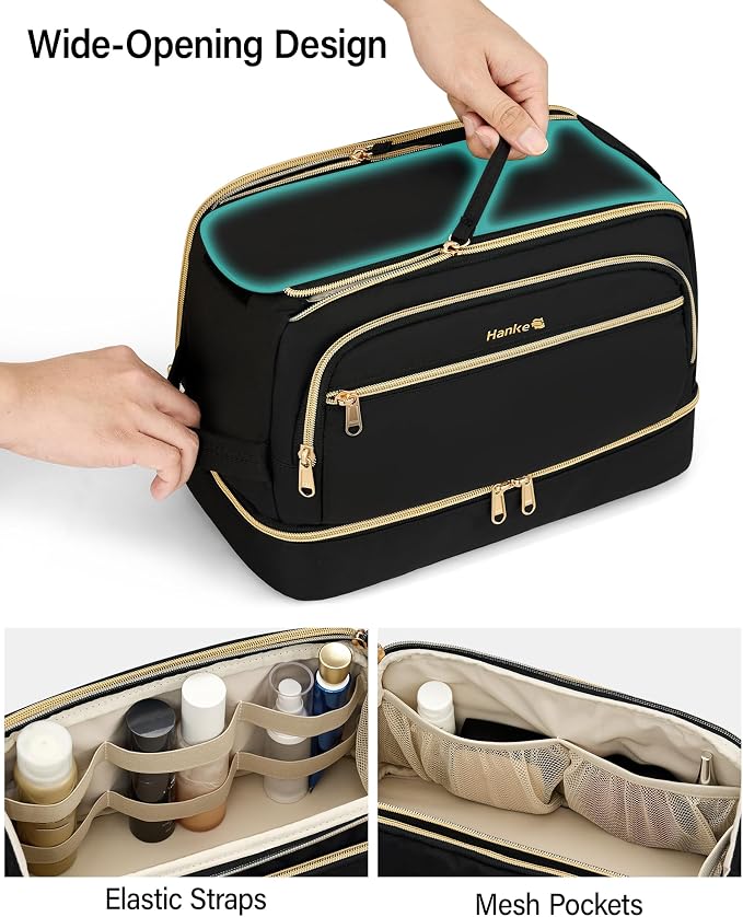 Hanke Travel Toiletry Bag, Lightweight Wide-open Makeup Bag, Dual-Layer Travel Bag for Toiletries Water-Resistant Cosmetic Bags Large Toiletry Bags for Women & Men, Travel Essentials, Black - Image 2