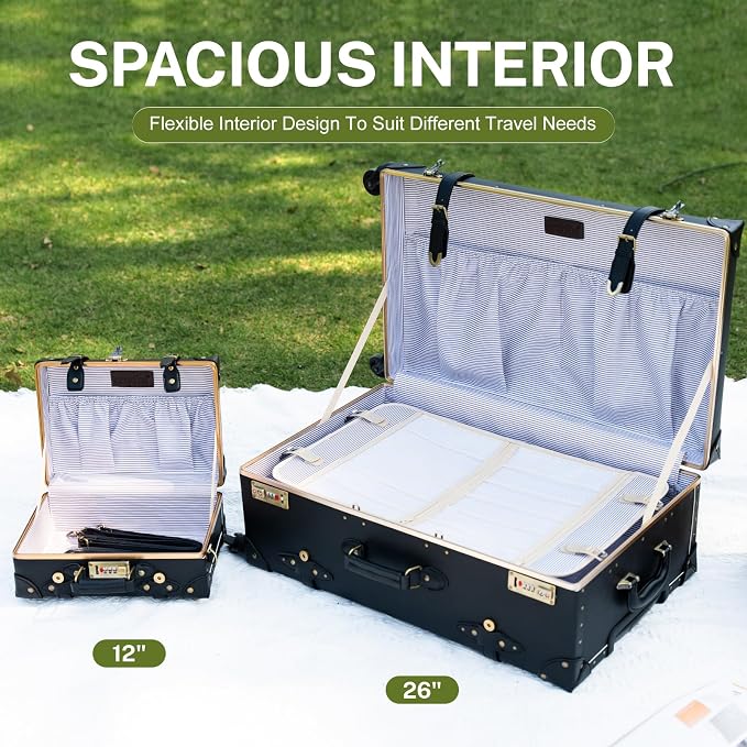 urecity Designer Vintage Trunk Combination Luggage Sets of 2 Piece, Hard Shell Retro Travel Suitcase with Wheels (Black, 20"+12") - Image 3