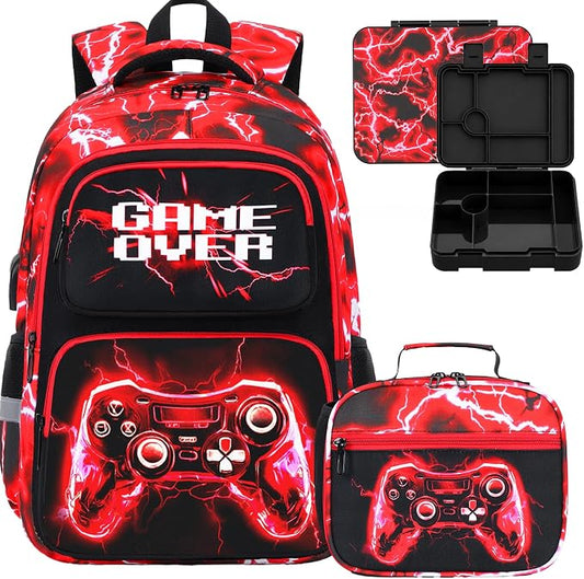 Bevalsa Kids Backpack for Boys with Bento Lunch Box, Insulated Bag & Utensils, 43oz Lunch Containers, Gamer Backpack School Bags for Elementary Middle School Student (Red Lightning) by Bevalsa