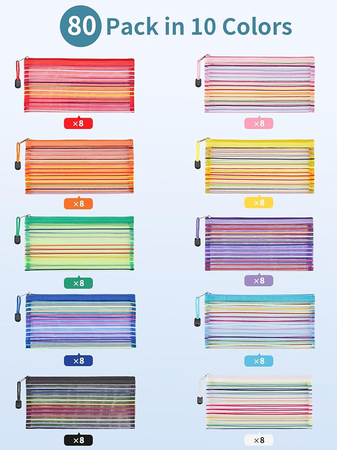 JARLINK Zipper Mesh Pouch, 80 Pcs multi-use Pencil Pouches in 10 Colors | Multipurpose Pencil Pouch Bulk for School, Office Supplies, Cosmetics, Makeup&Travel Accessories, Mixed Color - Image 4