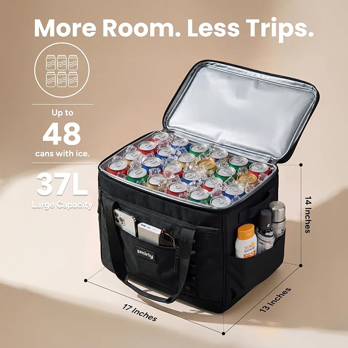 SMIRLY 48 Cans Soft Cooler Bag, Large Collapsible Leakproof Ice Chest | Portable Cooler with Multiple Pockets, Padded Handle and Wipe-Clean Lining for Camping, Beach, Travel, Picnic, Grocery, Car - Image 2