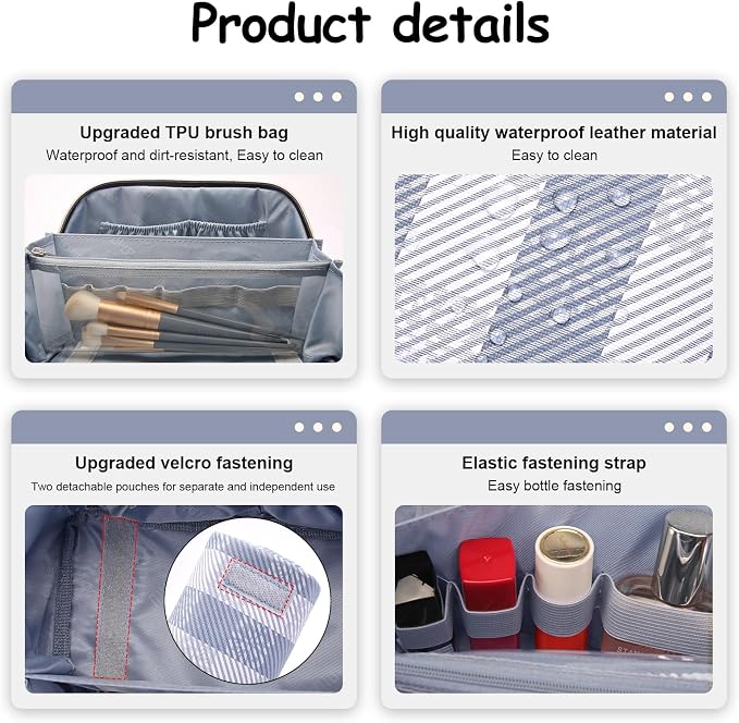 BOYATU Travel Makeup Bag Organizer Cosmetic Bag: 3 Pcs Set Make up Bags for Women with Handle - Waterproof Vegan Leather Toiletry Bags Travel Essentials Pouch with Compartments (F-05-Blue) - Image 4