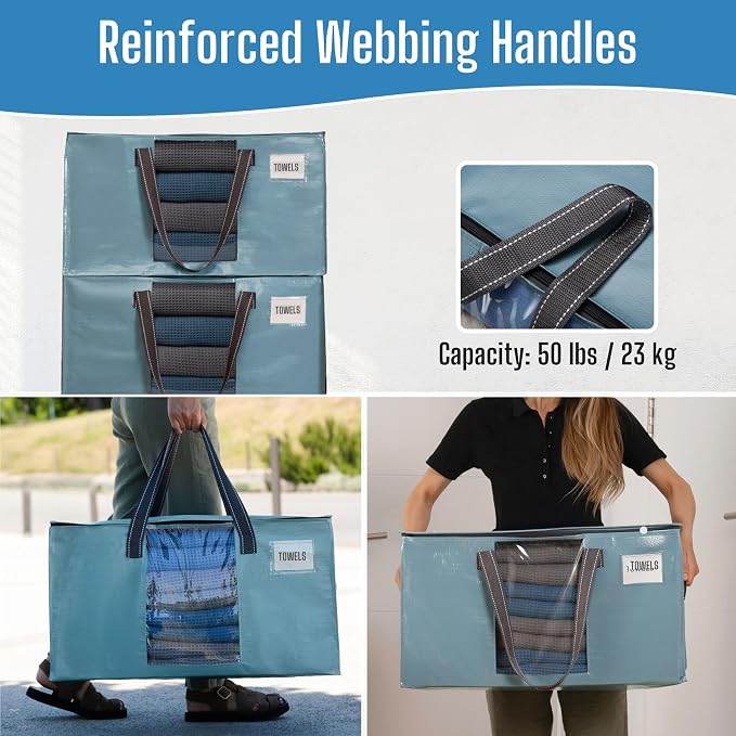 VENO 10 Pack Heavy Duty Moving Bags, Clothes and Comforter Storage Bags with Clear Window, College Dorm Essentials Packing Supplies, Foldable Boxes Alternative (Shiny Light Blue, 10 Pack) - Image 4