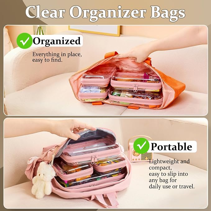 4 pcs Clear Zipper Pouches,Hard Shell Zipper Case, Toiletry Bag for Travel | CLear Diaper Bag, Toiletry Pouch, Travel Organizer, Cosmetic Bag,Toy Storage Bins (M+3S) (Light Pink) - Image 2
