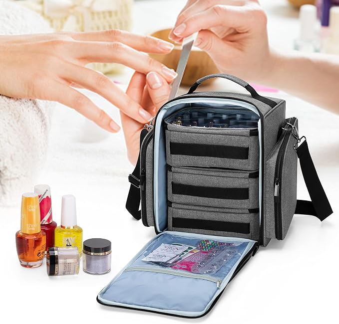 BAFASO Nail Polish Organizer Holds 72 Bottles (15ml - 0.5 fl.oz), Gray | Large Nail Polish Case with 3 Removable Pouches and Multiple Storage Sections, Patented Design. - Image 7