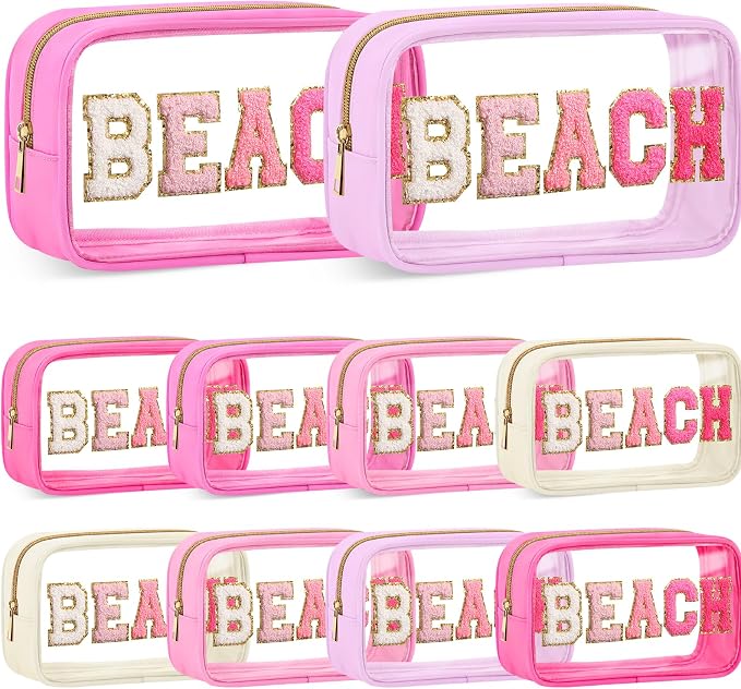 Kacctyen 10 Pcs Beach Clear Makeup Bags with Zipper in 5 Assorted Colors, Chenille Letter Sunscreen Bags Bulk, Waterproof Clear Toiletry Bag for Women Beach Pool Trip & Summer Birthday Party Favors by Kacctyen