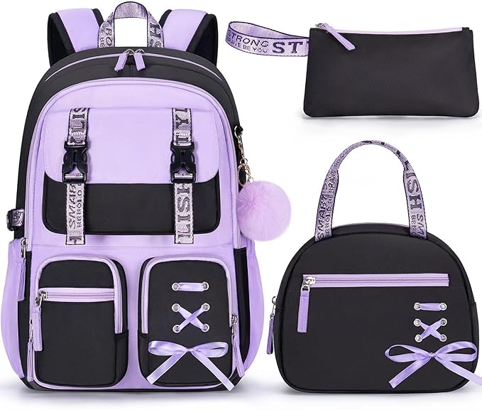 Fimibuke Backpack for Girls, 3 PCS Waterproof Girls Backpack with Lunch Box & Pencil Case, Kid Backpacks for Teen Girl Kindergarten Elementary Middle High School Student Back to School Kid Bookbag Set by Fimibuke