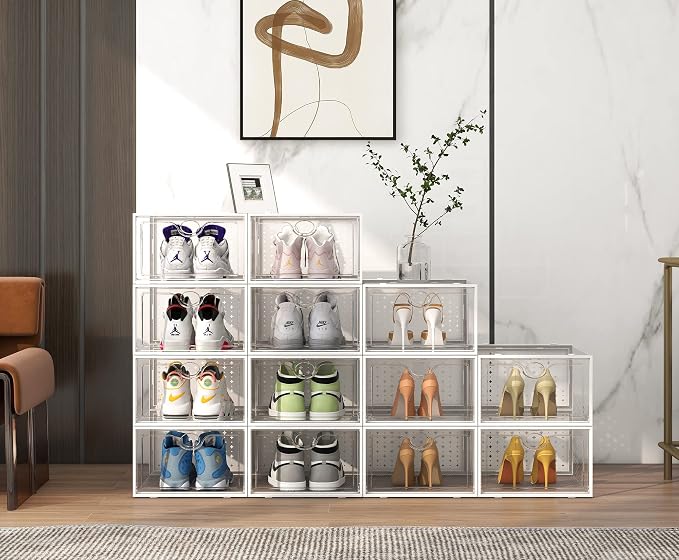 Pinkpum XXL Larger Shoe Storage Boxes Fit Size 14, Clear Plastic Stackable Shoe Organizer 12 Pack Sneaker Storage for Sneakerheads Shoe Containers, 6.8“ Height for High Shoes - Image 7