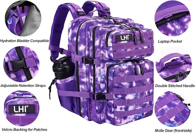 LHI Military Tactical Backpack for Men and Women 45L Army 3 Days Assault Pack Bag Large Rucksack with Molle System - Purple Camo - Image 5