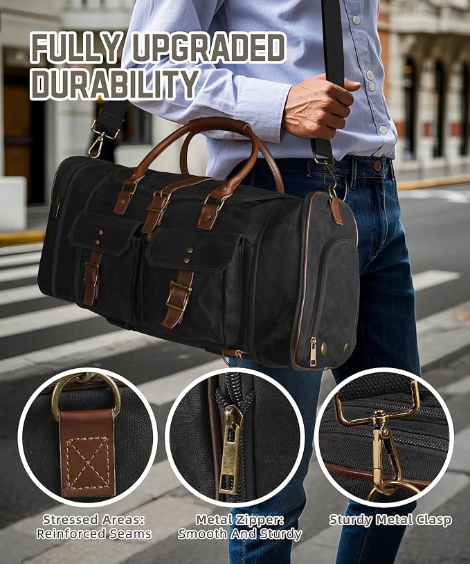ARCFOX Vintage Waxed Canvas Duffle Bag for Men, Expandable to 45L Waterproof Weekender Overnight Travel Bag with Shoe Compartment, Adjustable Shoulder Strap, Carry On Duffel Bags for Airplanes, Black - Image 4
