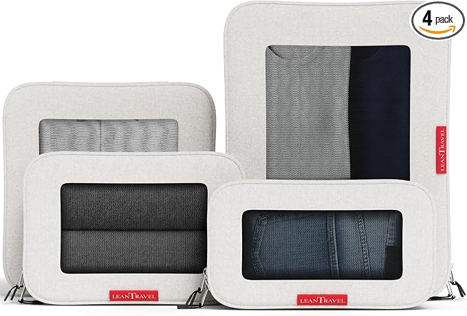 LeanTravel Premium Compression Packing Cubes for Travel - Suitcase Organizer Bags with Double Zipper & Breathable Mesh Panel - Space Saving Carry On Luggage Essentials (4-Pack, Sand) by LeanTravel