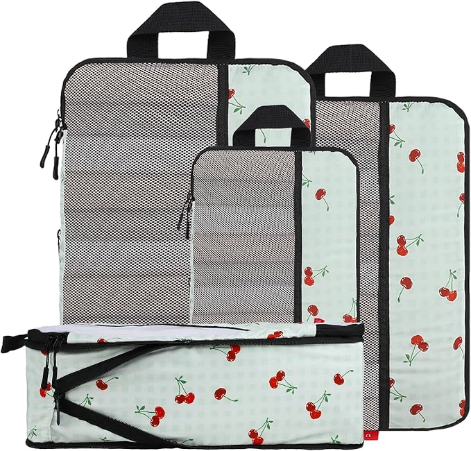 U+U 4 Set Compression Packing Cubes - Ultralight Travel Organizers, Space-Saving Suitcase Organizer, Expandable Packing Cubes for Travel, Business Trip and Family Vacation (Sage Green Cherry) by UU