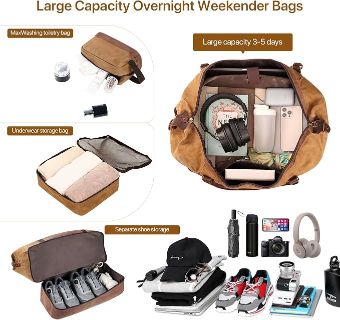 Waxed Canvas Duffel Bag with Shoe Compartment | 3-Piece Oversized Weekender Set Genuine Leather Trim Vintage Travel Carry-On Overnight Bag - Image 2