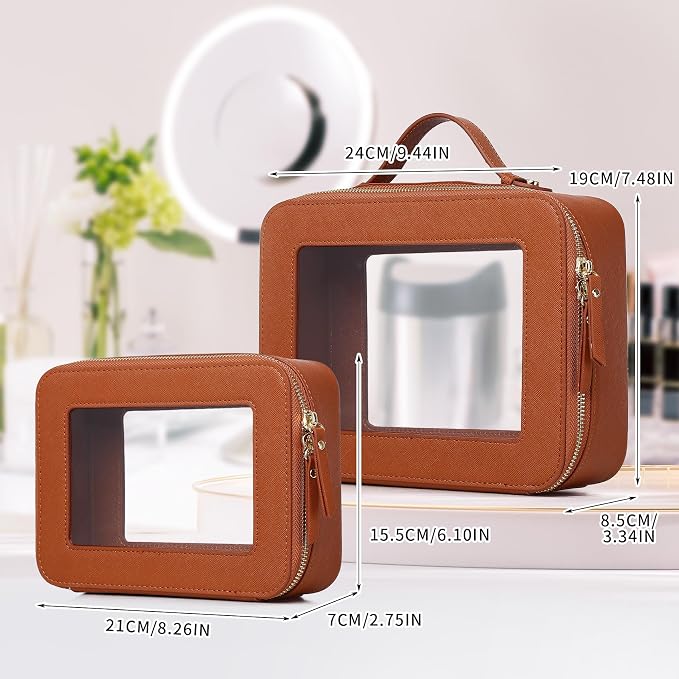Pinkmik Clear Makeup Bag for Women Waterproof Travel Cosmetics and Toiletries Case Portable Makeup Oaganizer Bag Clear Car Bag with Zipper (X/Brown, M+L) - Image 2