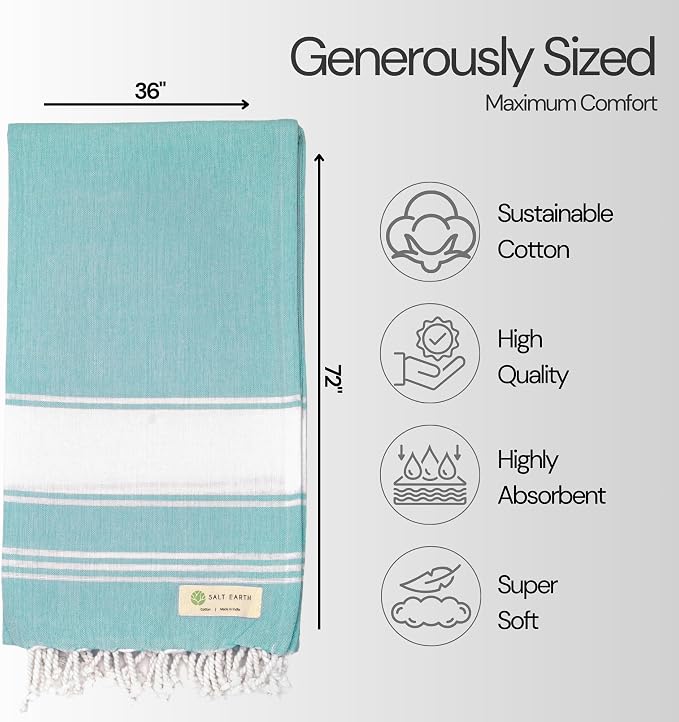 Salt Earth Cotton Turkish Beach Towel (Set of 4, 36"x72") - Soft, Quick Dry, Sand Resistant, Absorbent Towels for Bathroom, Home, Travel, Pool, Spa, Bath, Swim - Beach Towels Oversized (Hunter Green) - Image 6
