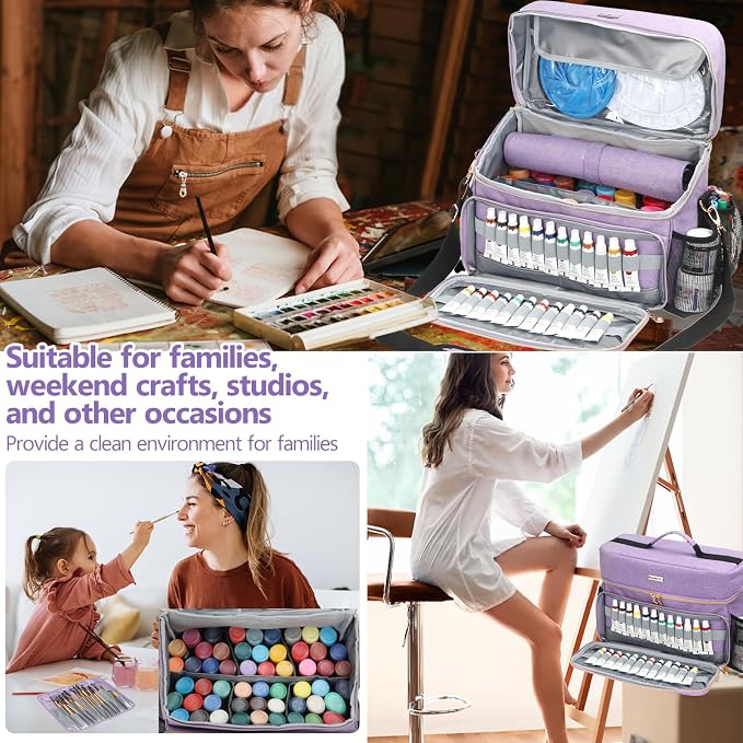 Art Supplies Organizer Storage Bag with Detachable Paint Brush Holder & Partition - Carrying Case for Home/Travel/Outdoor Fits Marks, Acrylic Paint, Palettes, Folding Buckets, Portfolios (Pro Purple) - Image 6
