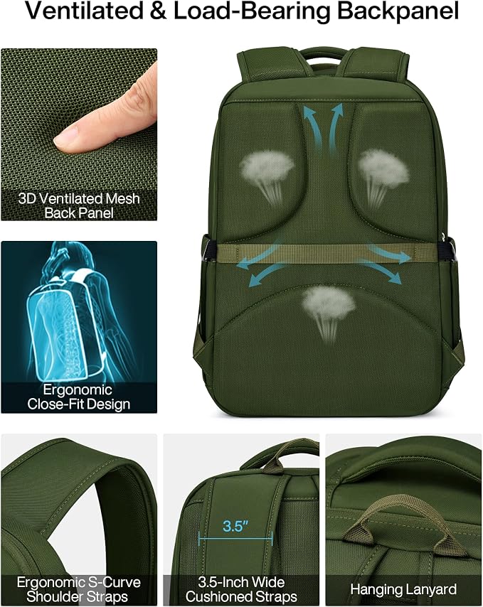 MILADA Travel Backpack for Women&Men,Expandable 28L to 39L,Fits 17" Laptop | Airline Approved Carry-On, Personal Item Backpack, Lightweight Business Rucksack Weekender Bag, Green - Image 4
