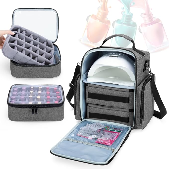 BAFASO Nail Polish Organizer Holds 48 Bottles and a Nail Lamp, Gray | Fits for 15ml - 0.5 fl.oz, Large Nail Polish Case with 2 Removable Pouches and Multiple Storage Sections, Patented Design. - Image 2