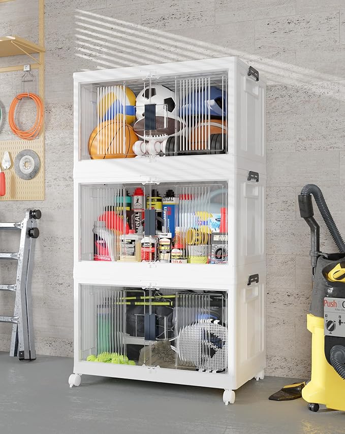 OlarHike 97QT Stackable Lockable Storage Bins with Lids - Folding Cabinet with Doors & Wheels, Collapsible Plastic Drawers for Closets and Organization, Garage, Shelves, College, School, 3 Pack Cubes by OlarHike