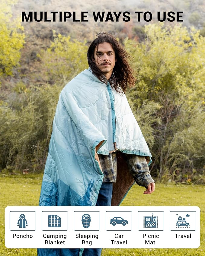 KingCamp Large Camping Blanket with Sherpa Lining, Packable Down Alternative Puffy Printed Wearable Blanket with Snap Buttons, Warm Weatherproof Quilt for Outdoor Travel (79" L x 57" W, Cyan) - Image 6