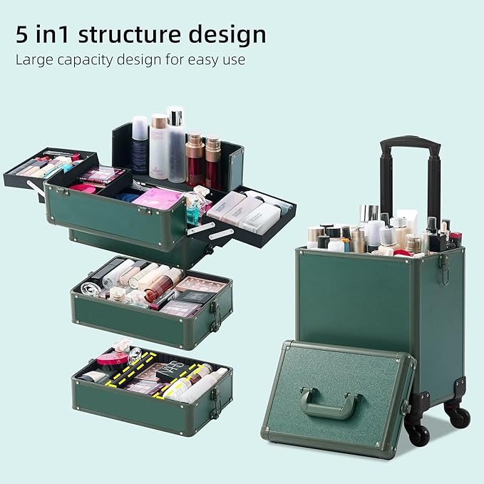 Somduy Makeup Train Case, Rolling Makeup Case with Lid, 5 in 1 Cosmetology Case on Wheels, Christmas Gift, Large Makeup Case Organizers, Profesional Cosmetic Case for Salon Barber, Green - Image 2