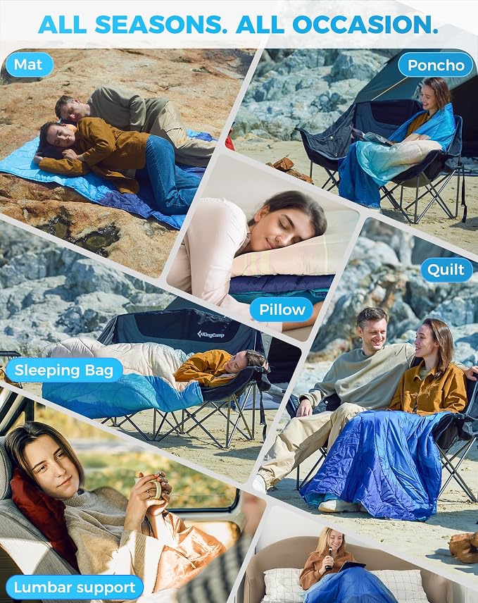 KingCamp Ultralight Camping Blanket, Packable Down Alternative Puffy Printed Wearable Blanket with Snap Buttons & Corner Loops Weatherproof Quilt for Outdoor Travel (78.7" x 57.1", Cyan/Orange) | Down Alternative Puffy Printed Blanket with Snap Buttons... - Image 8