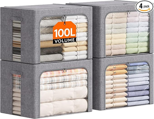 Lifewit Clothes Storage Bins with Metal Frame, Stackable Storage Box, Foldable Clothing Storage Bins with Lids, 100L Storage Bags Fabric Box Organizer with Clear Window＆ Zippers＆ Sturdy Handles 4 Pack by Lifewit