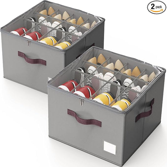 Criusia Shoe Organizer for Closet, 2 Pack Shoe Organizer with Transparent Cover and Sturdy Handles, Closet Shoe Storage for Sneakers Sandals Slippers, Fit 12-16 Pairs, Gray by Criusia