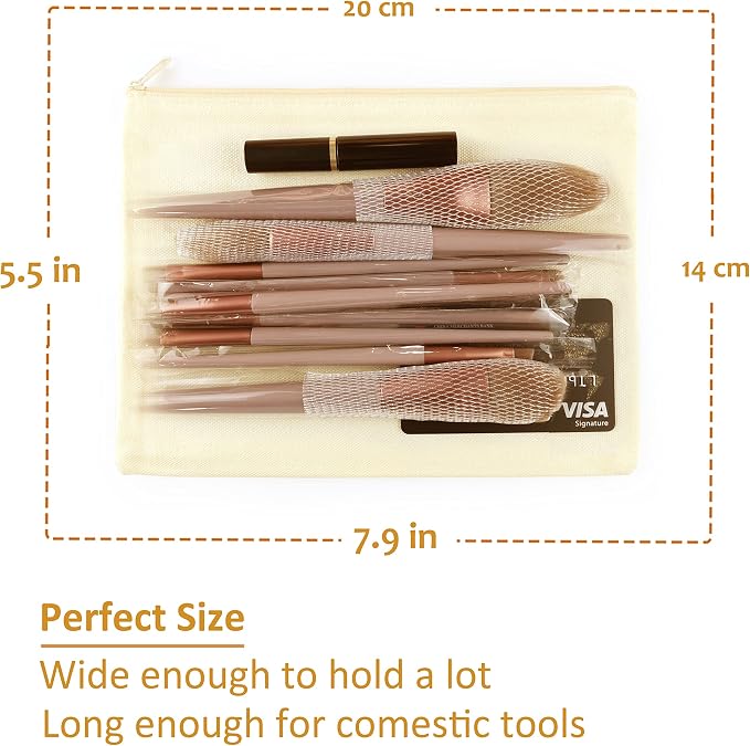 Koolmox Makeup Bags, 12 Canvas Pencil Pouch, Cotton Canvas Toiletry Pouch, Bulk Plain Cosmetic Bags for Women Pencil Case Vinyl Projects Crafts, 8x5'' Beige Bag with Beige Zippers - Image 2