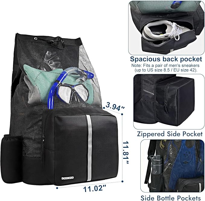XL Mesh Scuba Diving Backpack, 110L Extra Large Dive Gear Bag with Multiple Pockets, Holds Mask Fins Wetsuit, Multipurpose Snorkeling Bag for Beach Kayaking Travel - Image 4