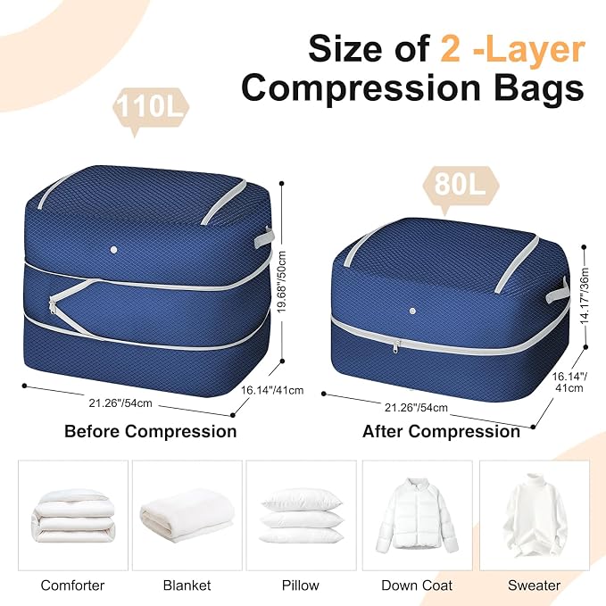Comforter Storage Bag - 110L Large Capacity Blanket Storage Bags Ultra Space Saving Self Compression Organizer, Washable Compression Bags for Storage Comforter Blanket, 4-Pack, Navy Blue - Image 2