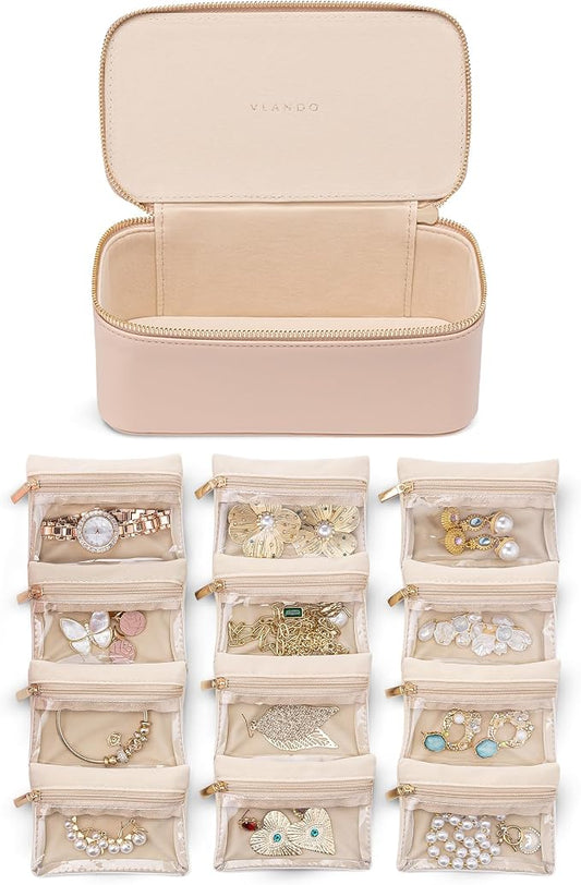 VLANDO Jewelry Travel Case,Travel Jewelry Organizer with Clear Velvet Jewelry Bags 12Pcs Zipper Pouch for Women Wedding Gifts for Friends Sister-Khaki by VLANDO