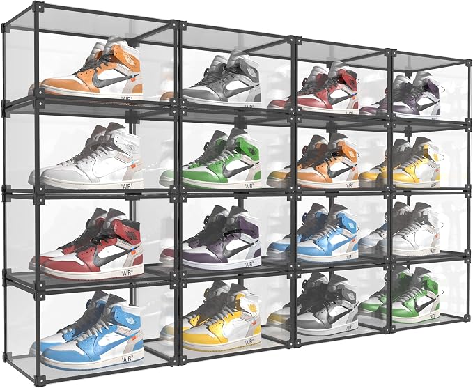 Transparent Plastic Storage Clear Shoe Display Case Box Organizer - Magnetic Side Open, 16PC (Black) by KOKOIN