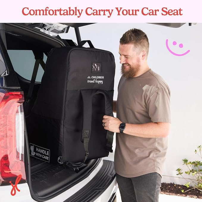 J.L. Childress Padded Backpack Car Seat Bag - Car Seat Travel Bag for Airplane, Fits Most Baby & Infant Carriers & Bootsters, Accessories for Gate or Baggage Check, AirTag Compatible - Deluxe, Black - Image 8