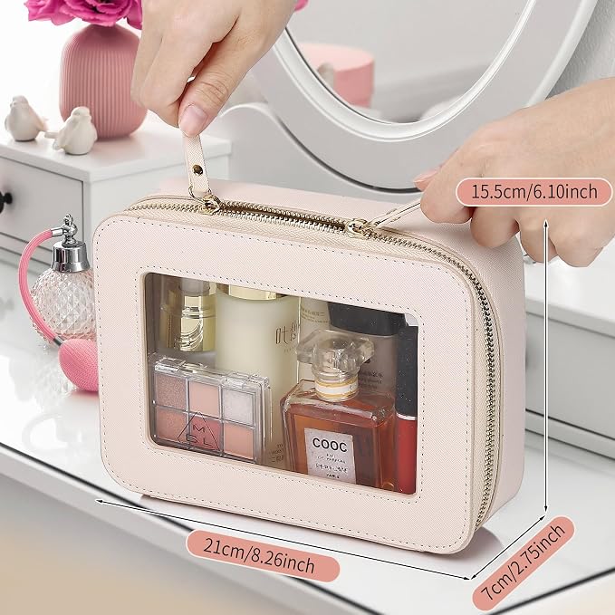 Clear Makeup Bag Women's Waterproof Travel Cosmetic Case and Toiletry Bag Portable Makeup Organizer Bag Car Essential with Zipper (Beige, M) - Image 3