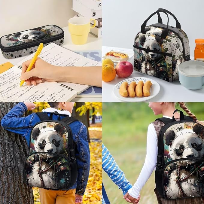 4PCS Kids Watercolor Panda Black Travel Bookbag Backpack Lunch Bag Shoulder Crossbody Handbags with Thermal Insulated Pen Carrying Case Purse for Girls Boys Teenagers Hiking Daypack - Image 4