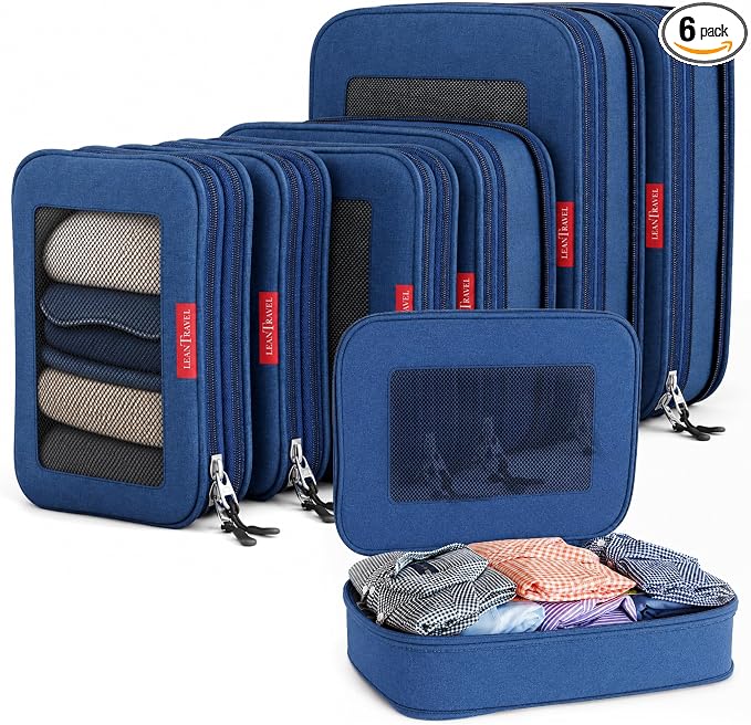 LeanTravel Premium Compression Packing Cubes for Travel - Suitcase Organizer Bags with Double Zipper & Breathable Mesh Panel - Space Saving Carry On Luggage Essentials (6-Pack, Navy Blue) by LeanTravel