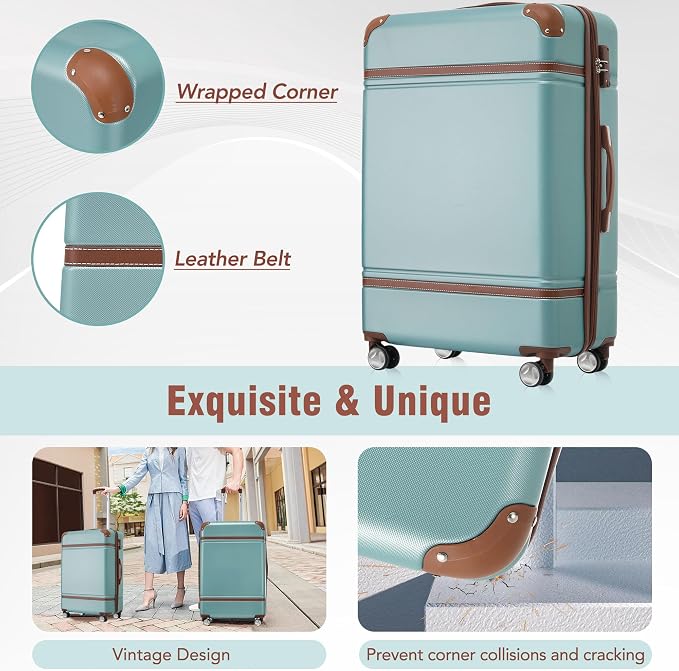 Merax Luggage Set 2 Piece Suitcase Set with Cosmetic Case Expandable Spinner Wheels Vintage Luggage Sets(Blue Green,20"+28") - Image 6
