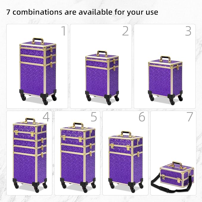 Somduy Rolling Makeup Case, Makeup Train Case with Lid, 5 in 1 Cosmetology Case on Wheels, Christmas Gift, Large Makeup Organizers, Profesional Cosmetic Case for Salon Barber, Purple Gold - Image 2