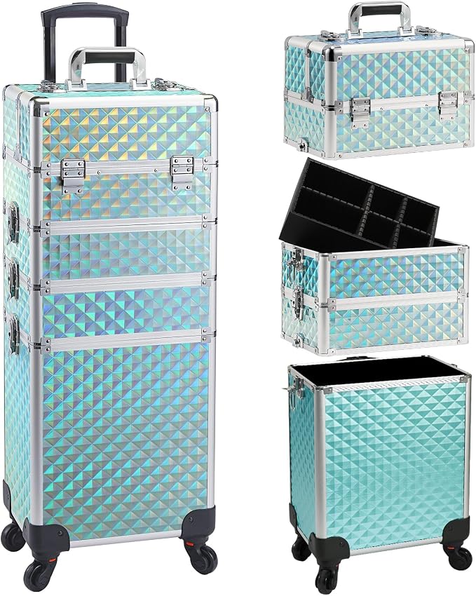 Faquenc Rolling Makeup Case with Wheels 4 in 1 Cosmetic Trolley and Cosmetology Cart Trunk for Makeup Artists Hairstylists Nail Techs Salons Large Capacity Turquoise by Faquenc