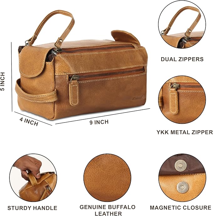 KomalC Premium Buffalo Leather Toiletry Bag for Men & Women With Water resistant Lining, Grooming Travel Pouch, Unisex Wash Bag for Toiletries, Gifts for Men and Women - Image 6