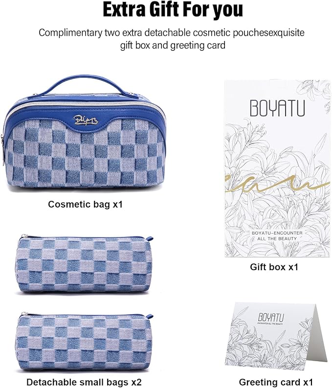 BOYATU Travel Makeup Bag for Women: Large Cosmetic Bag Set of 3 - PU Leather Make up Bag with Compartments - Compact Waterproof Toiletry Bag with Divider & Handle (D-1-Blue) - Image 5