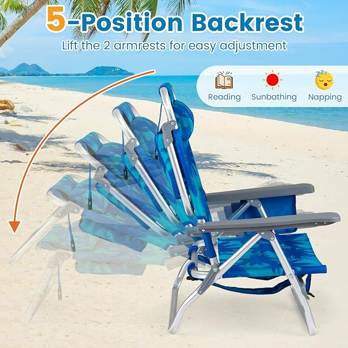 Giantex Folding Beach Chair, Patio Sling Chairs with 5 Adjustable Position, Head Pillow, Storage Bag, Towel Bar, Cup Holders, Backpack Chairs for Sunbathing, Camping Chair - Image 3