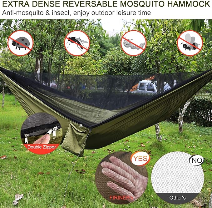 Camping Hammock with Rain Fly Tarp and Mosquito Net Tent Tree Straps, Portable Single Double Nylon Parachute Hammock Rainfly Set for Backpacking Hiking Travel Yard Outdoor Activities Green - Image 2
