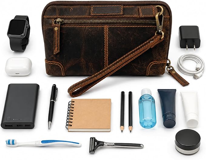Genuine Leather Makeup Bag Travel Organizer, Premium Handcrafted Cosmetic Pouch with Zipper & Wrist Strap, Durable Toiletry Storage for Women & Men, 5 x 9- Brown - Image 8