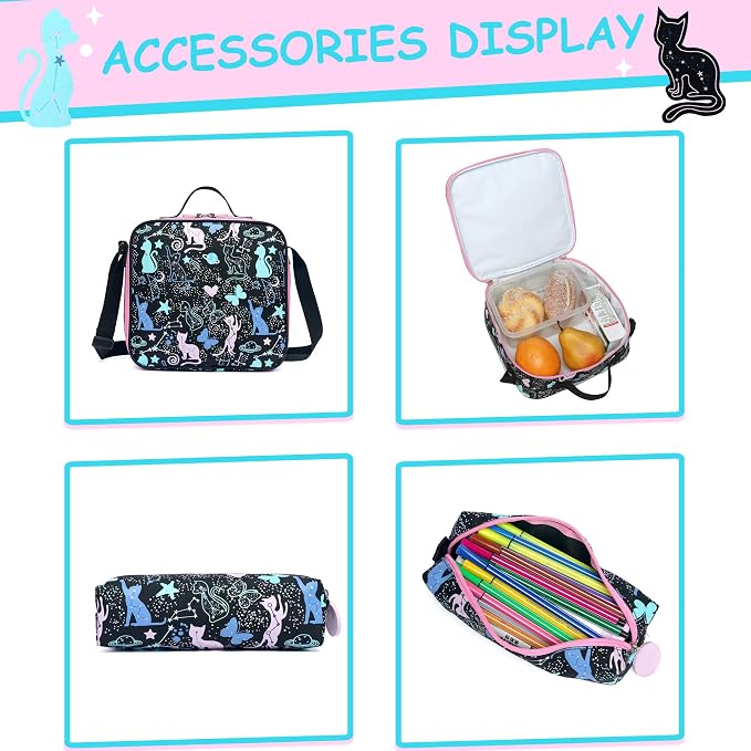 Cute Cat School Backpacks for Girls Backpacks for School Black Bookbag with Lunch Box for Elementary Students Ages 6-8 Years Old - Image 5