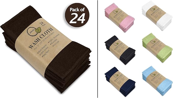 100% Cotton Washcloths 24 Pack (12x12 Inches) Soft, Highly Absorbent Washcloth, Face Towels, Wash Cloths for Face, Ring Spun, Bulk Pack (Brown) - Image 2